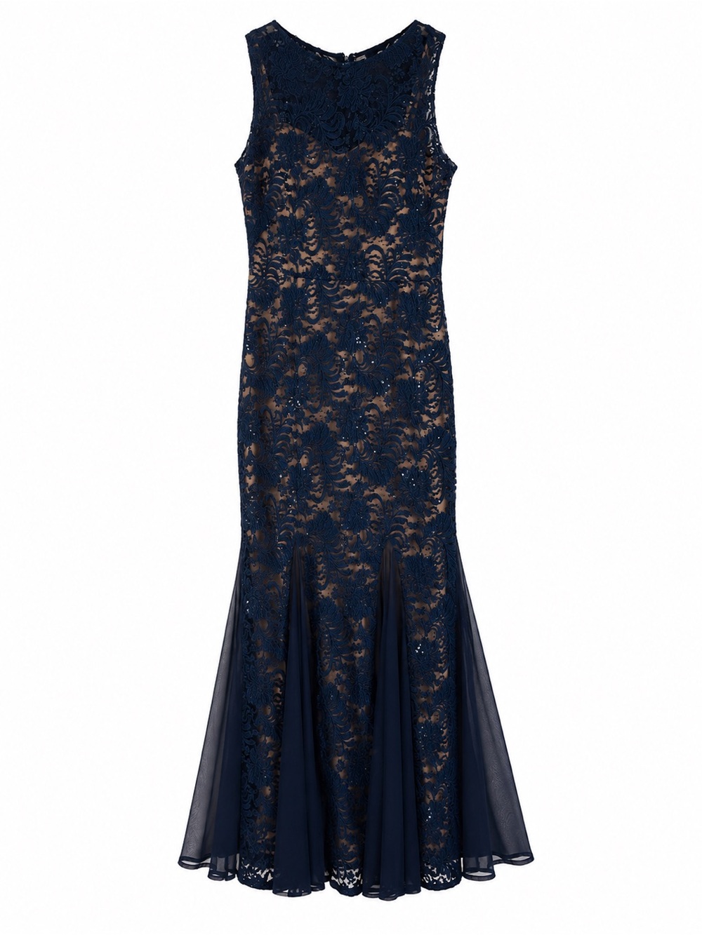 Alex Evenings Navy Lace Mermaid Maxi Dress with Nude Underlay